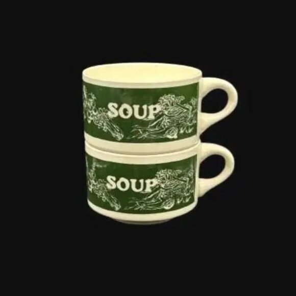 Vintage USA Pottery Other - Vintage 1970's USA Pottery Vegetable Soup Mug Bowl Green Set of 2